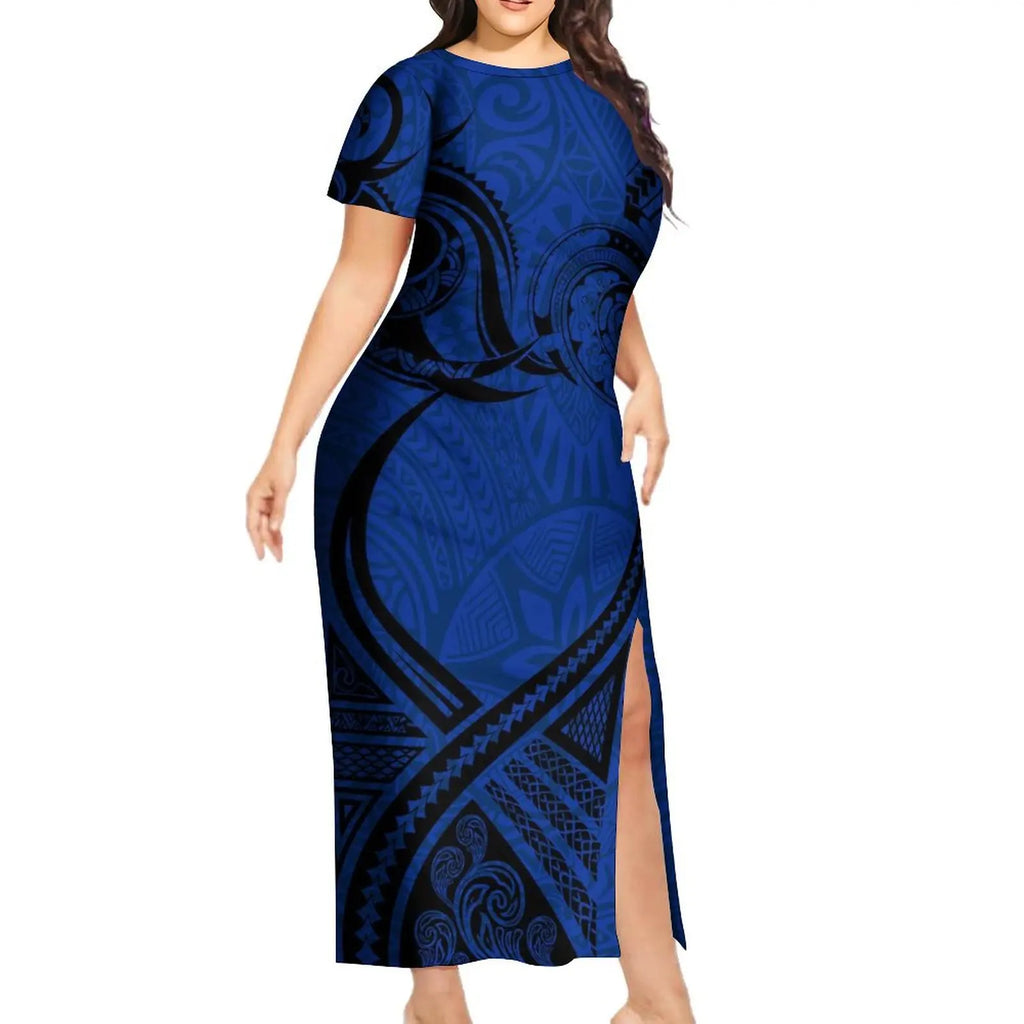 Support Custom Samoan National Dress Women'S Crew-Neck Maxi Dress Fashion Slit Dress With Men'S Short-Sleeved Shirt 9xl