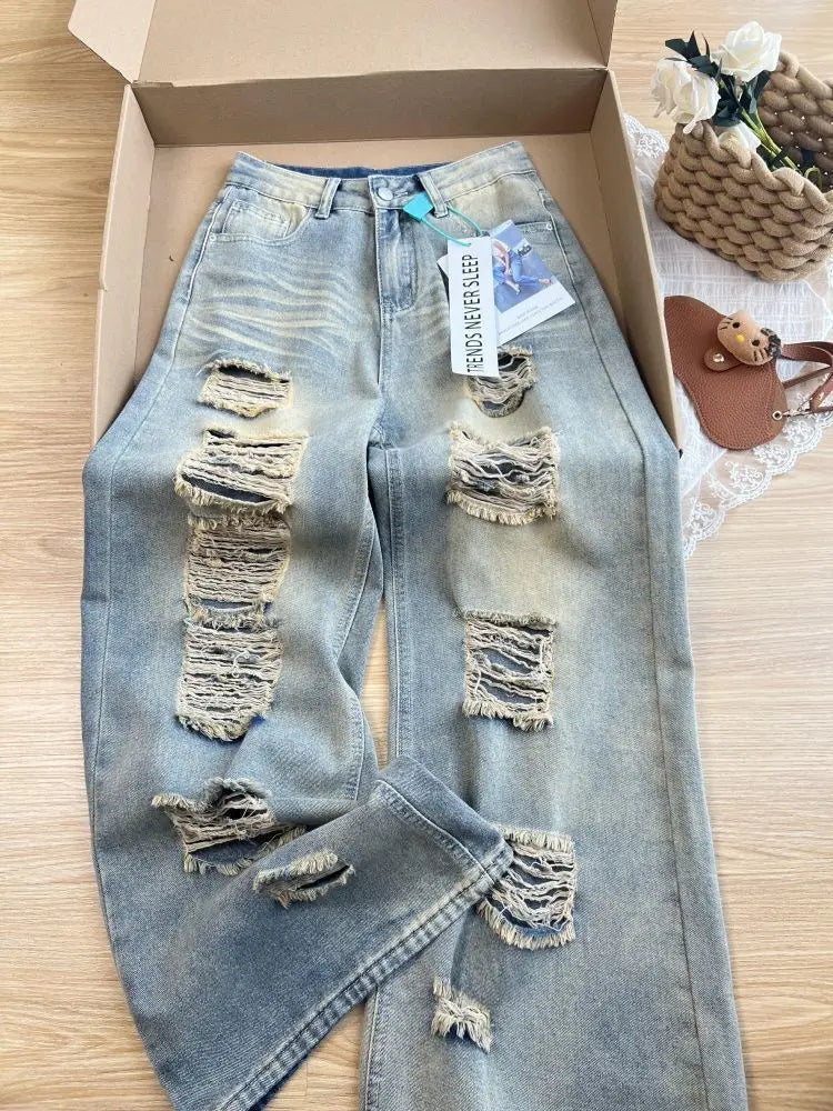 2025 Autumn New Retro Old Ripped Jeans Wide-leg Jeans Women Loose Pants Trousers Baggy Jeans