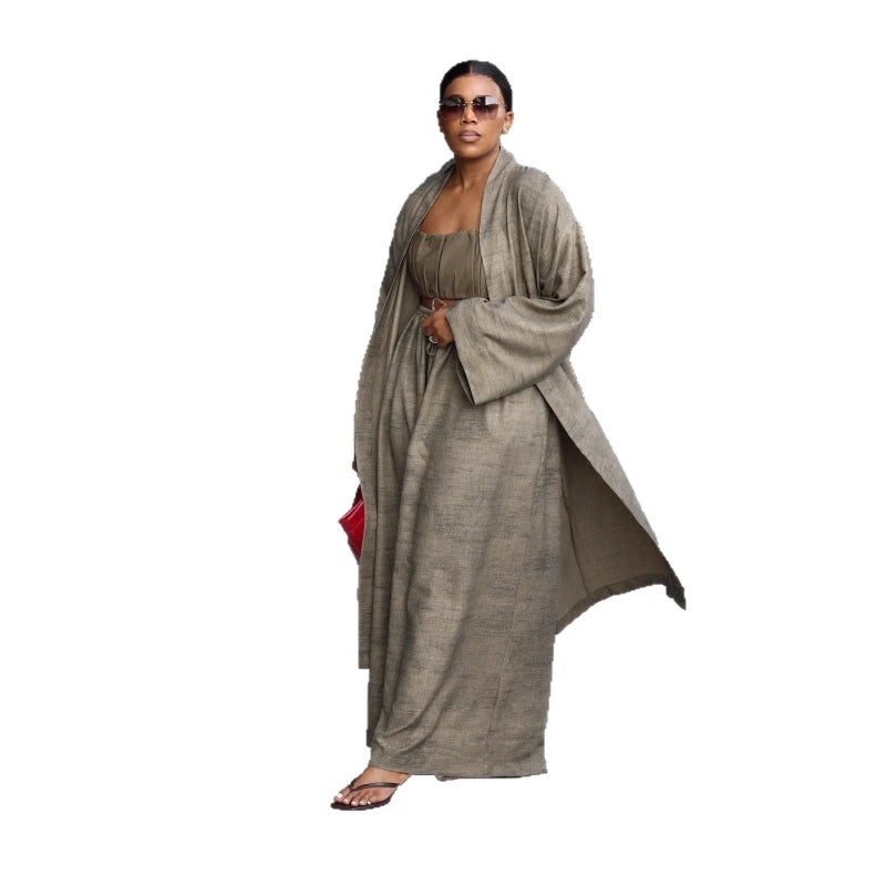 Pant Set Women 3 Piece Sets Strapless Short Tops Full Sleeve Mi Dlength Coats Wide Leg Long Pants High Waist Y2k Streetwear Work
