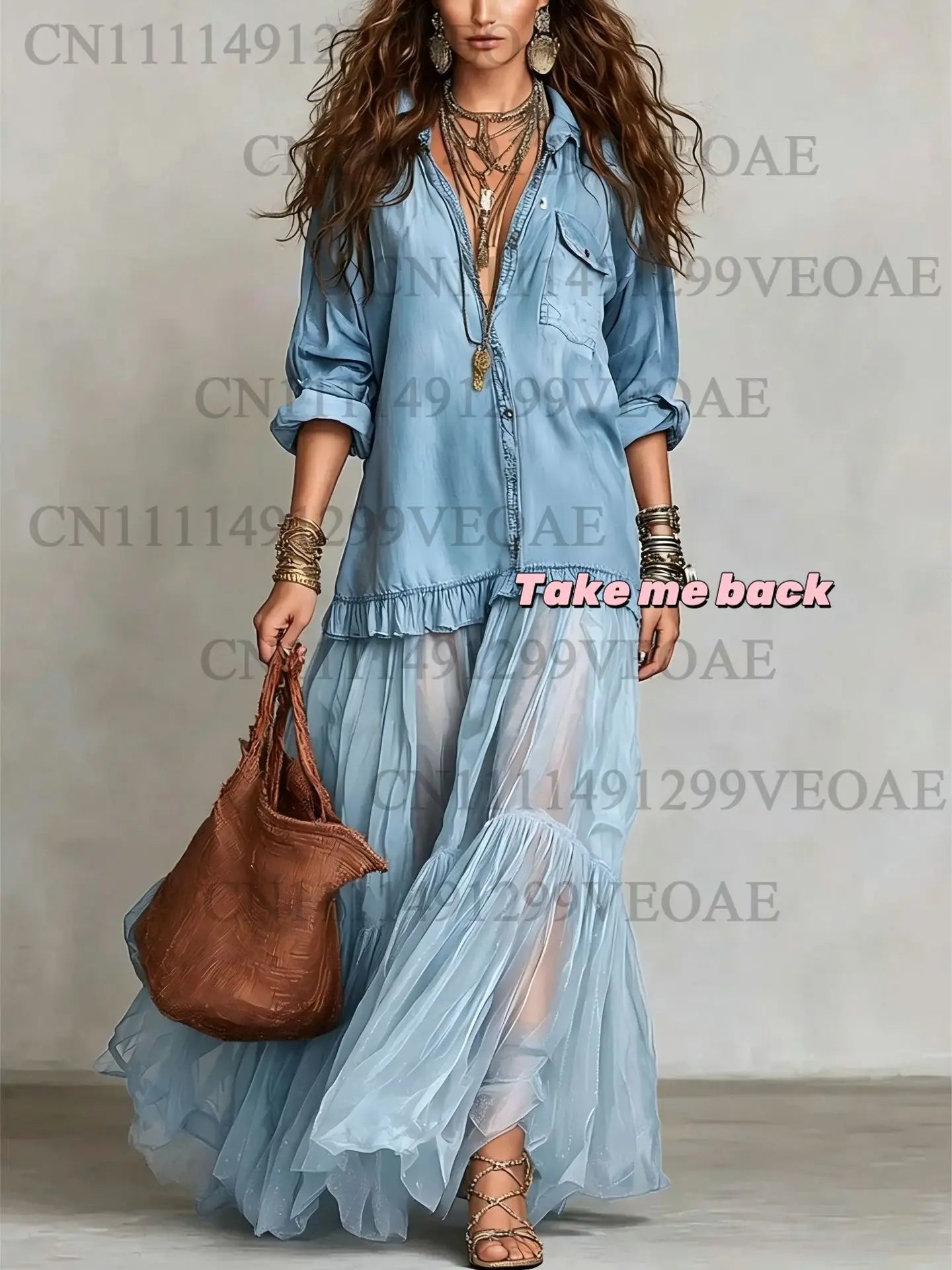 Women's Denim Maxi Dress Mesh Splice Long Sleeve Turn Down Collar Single-breasted Belted Organza Hem Casual Elegant Shirt Dress