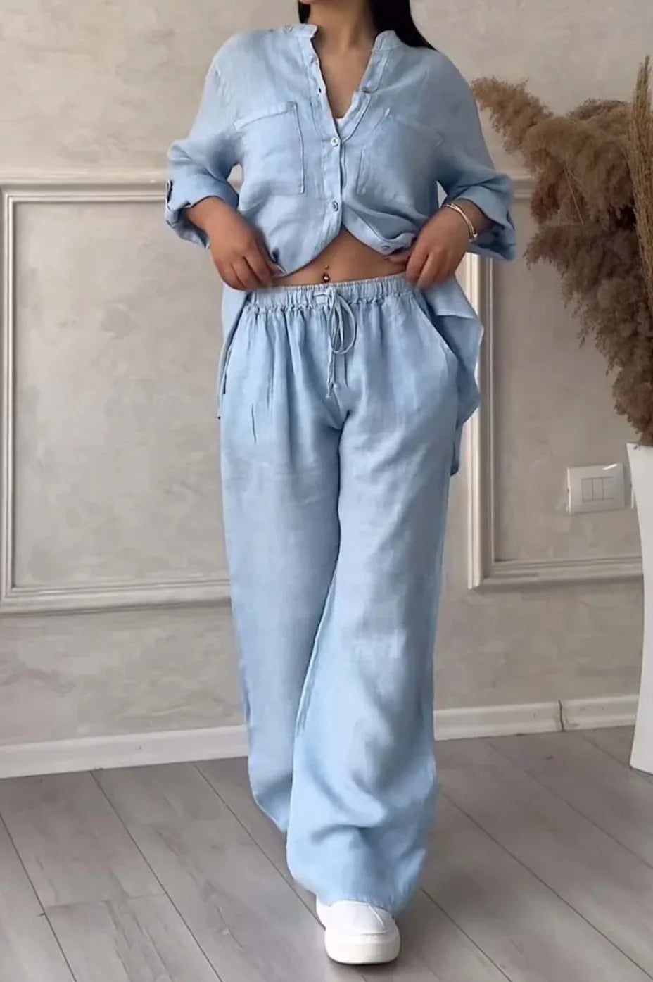 2 pieces women sets 2026 new solid color single-breasted long-sleeved shirt+wide-leg pants lace-up suits women's clothing