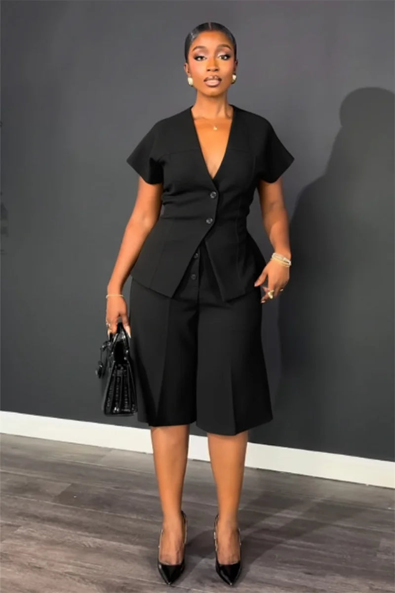 Doyerl Elegant Fashion Two Piece Set Woman Work Wear Office Lady Short Sleeve V-neck Top and Knee Length Shorts Matching Sets