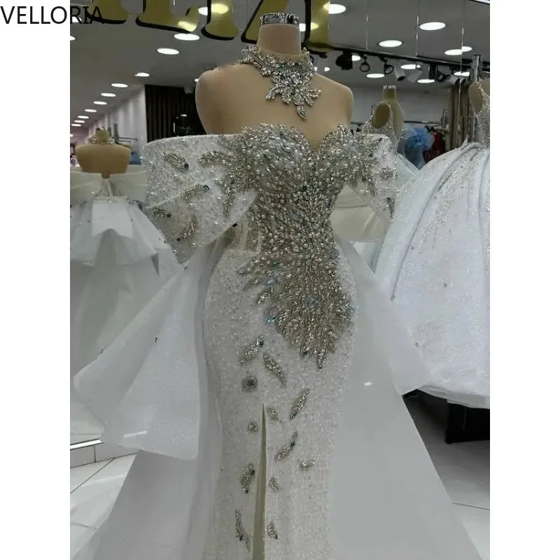 Luxury Evening Dresses For Women Off Shoulder Sleeveless Ball Gown Pearls Appliques Crystal Train Party Dress vestido Customized