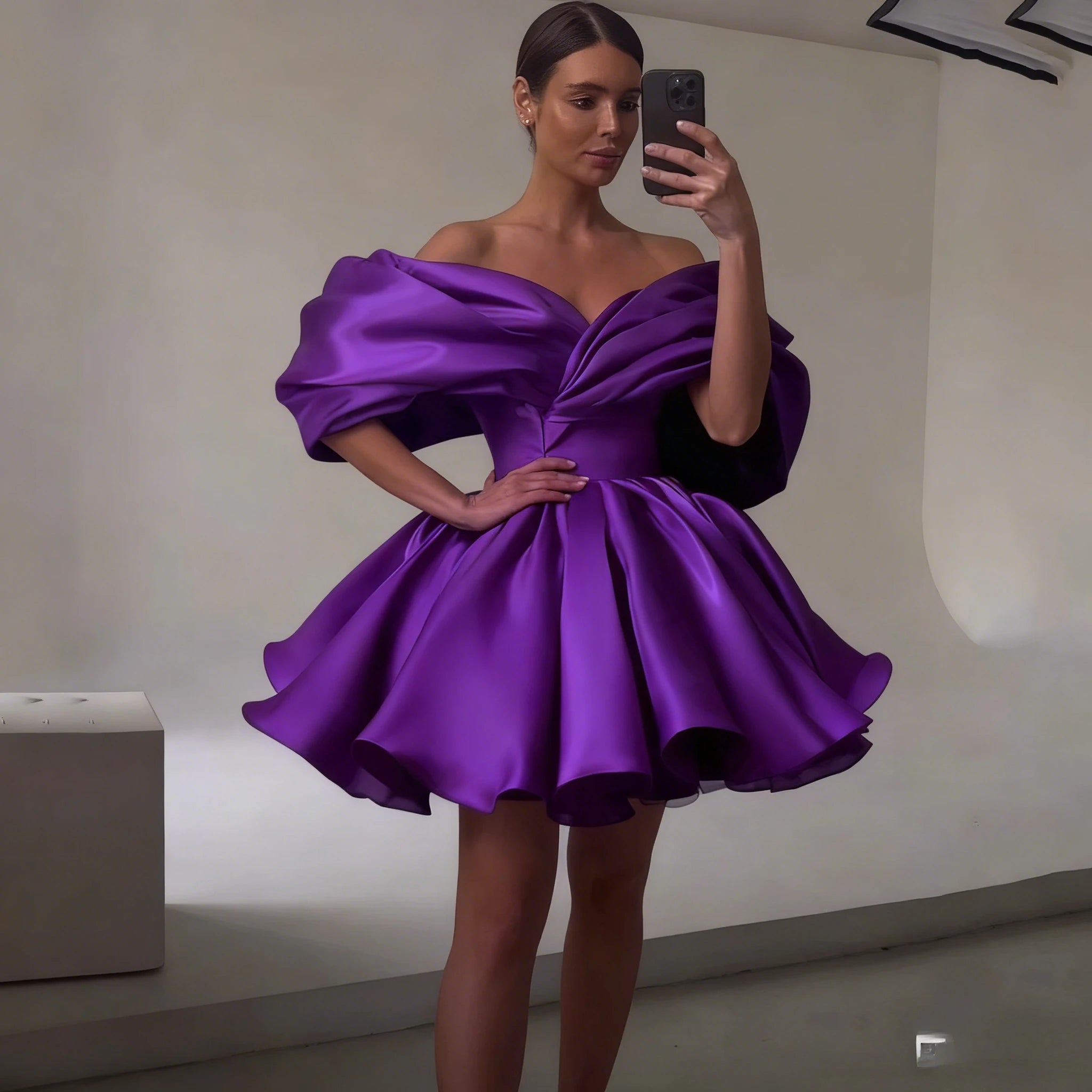 Black Mini Evening Dress Pleat Off the Shoulder Short-Sleeve Women Party A-Line Puff Short Custom Made V-Neck Gowns for Ladies