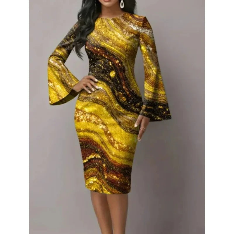 Women's Fashion Bodycon Dress Floral Print Flared Sleeves Slim Waist Elegant and Sexy Long Sleeve Dress for Party or Daily Wear