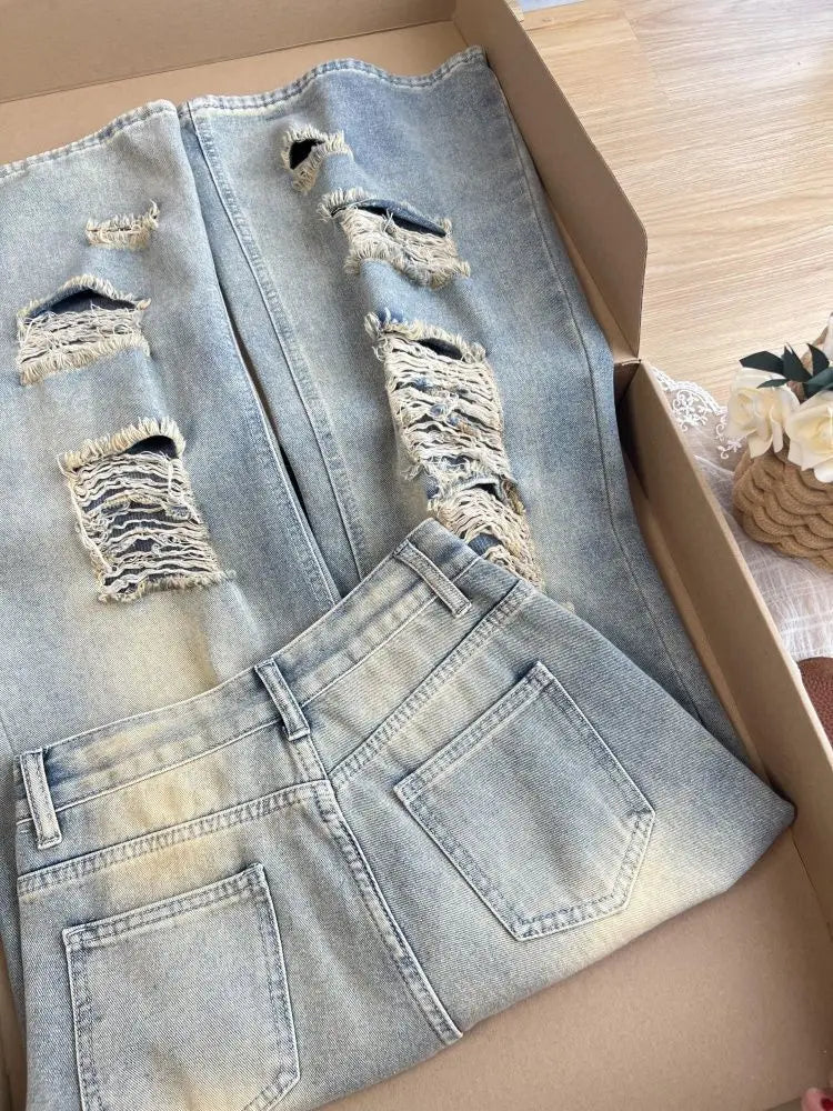 2025 Autumn New Retro Old Ripped Jeans Wide-leg Jeans Women Loose Pants Trousers Baggy Jeans