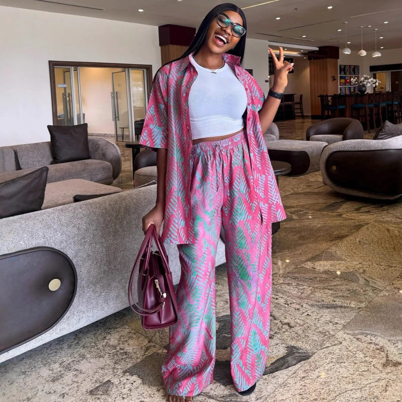 New African Fashion Women Two Piece Set Printed Short Sleeve Loose Shirt And Pants Set Female Casual Outfits