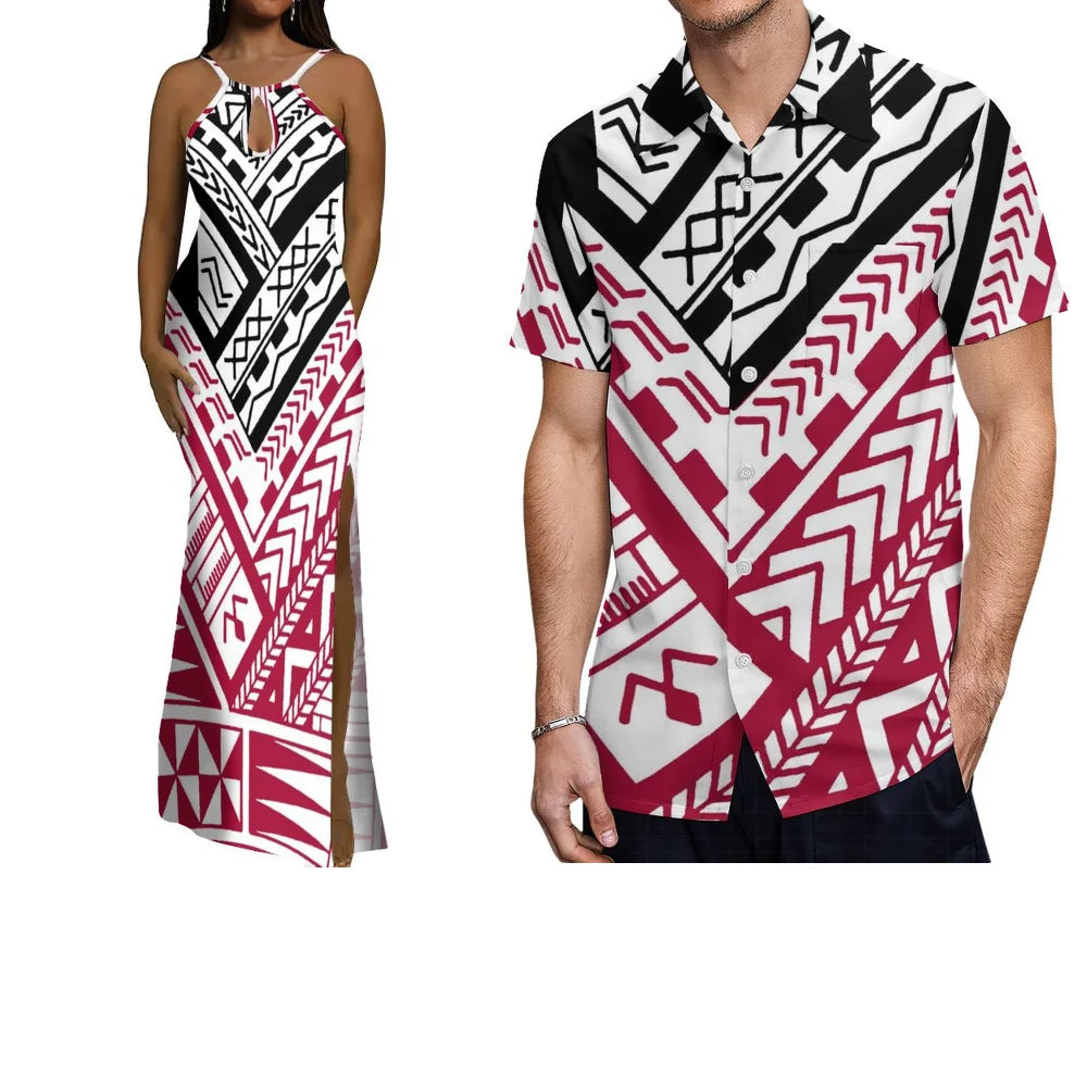 Polynesian Custom-Made Couple Set  Hawaiian-Style Printed Design  Vacation-Style Women'S Halter Dress  Men'S Pocket Shirt Top