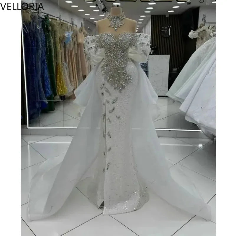 Luxury Evening Dresses For Women Off Shoulder Sleeveless Ball Gown Pearls Appliques Crystal Train Party Dress vestido Customized