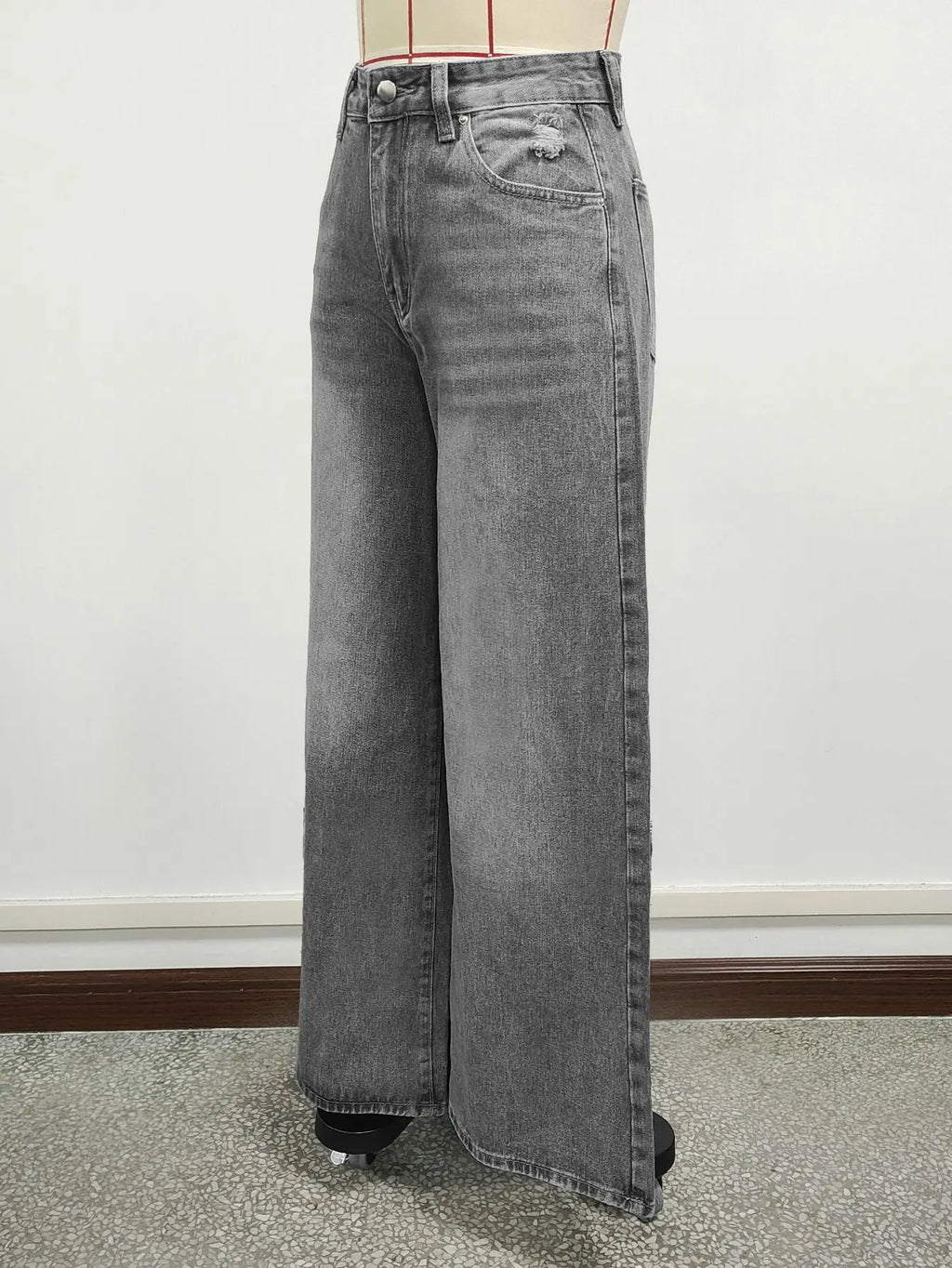 Grey Washed Loose Women's Long Floor-Length Wide Leg Jeans Casual Straight Cut Trousers Comfortable Cotton Denim Jeans