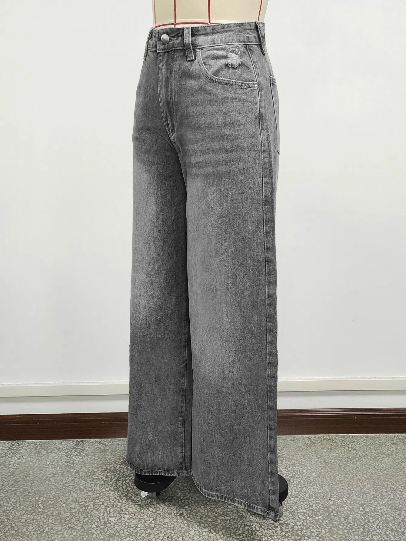 Grey Washed Loose Women's Long Floor-Length Wide Leg Jeans Casual Straight Cut Trousers Comfortable Cotton Denim Jeans