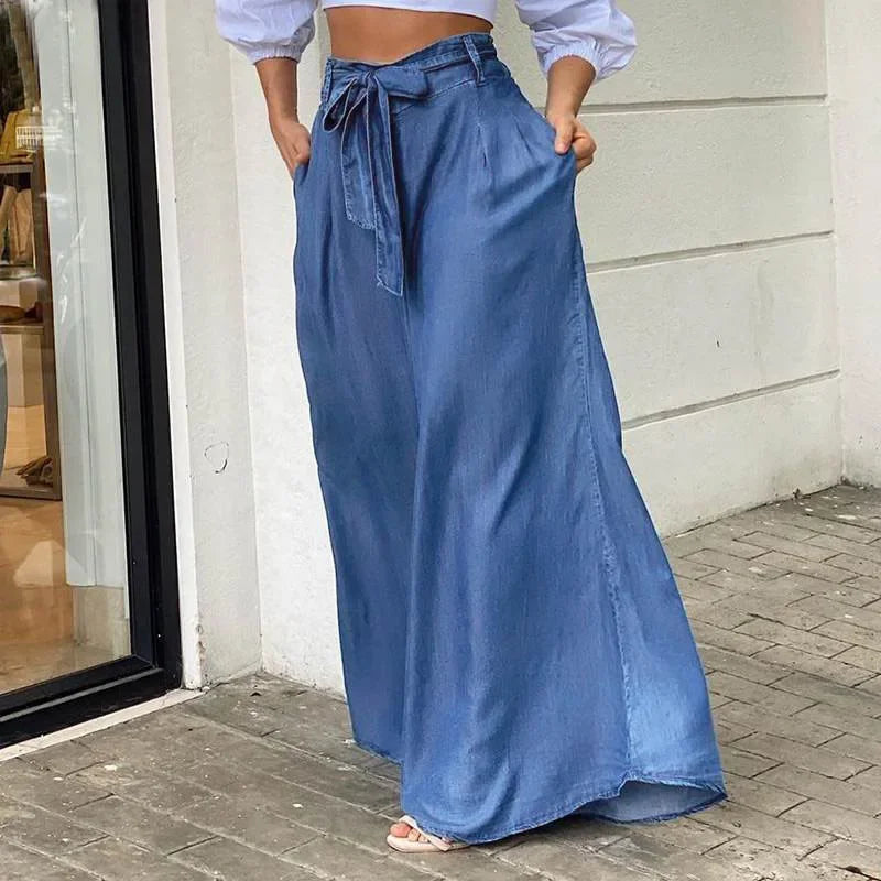 Women Denim Long Loose Wide Leg Pants High Waist Full Length Solid Color Trousers Jeans