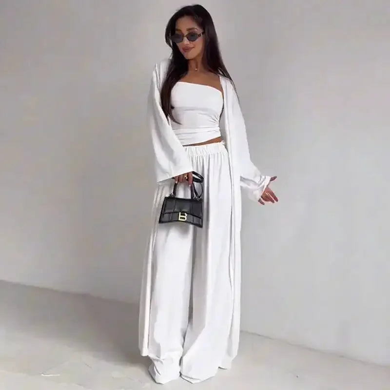 Summer Women's Clothing Casual 3Pcs Strapless Vest Long Cardigan Wide-Leg Pants Suit Lady Elegant Office Wear Outfits for Female