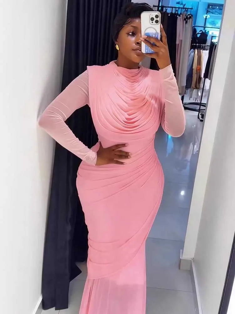 Chic and Elegant Women's Evening Dress Mesh Draped Collar Long Sleeve Bodycon Mid Dress Slim High Waisted Sexy Ladies Dress