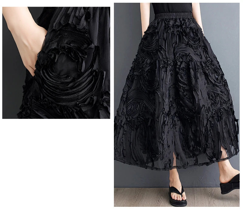 Black Skirt for Women Summer Fashin Heavyweight Chic Design Pleated A-line Easy Match Elastic Waist Dress Female Creative Skirt