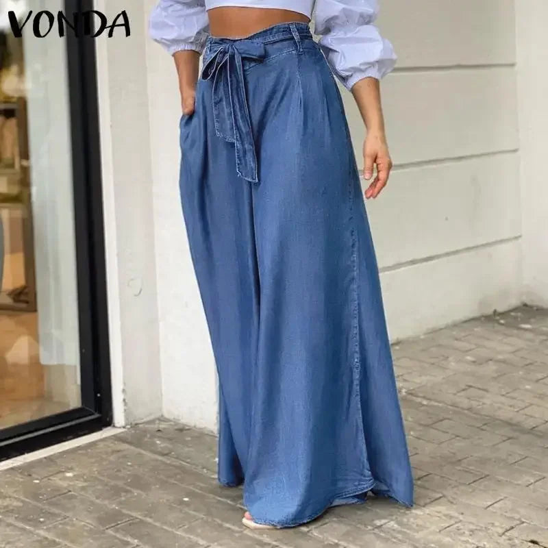 Women Denim Long Loose Wide Leg Pants High Waist Full Length Solid Color Trousers Jeans