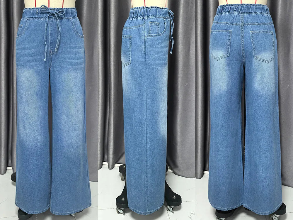 Wide Leg Pants Jeans Women Washed Denims Elastic Waist Lace Up Distressed Vintage Streetwear Female Full Length Loose Trousers