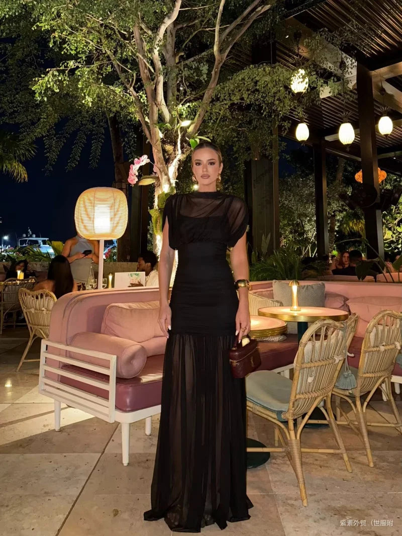 ETJ 2025 new women's party sexy see-through long dress fashion silk mesh stitching stand collar sleeveless dress