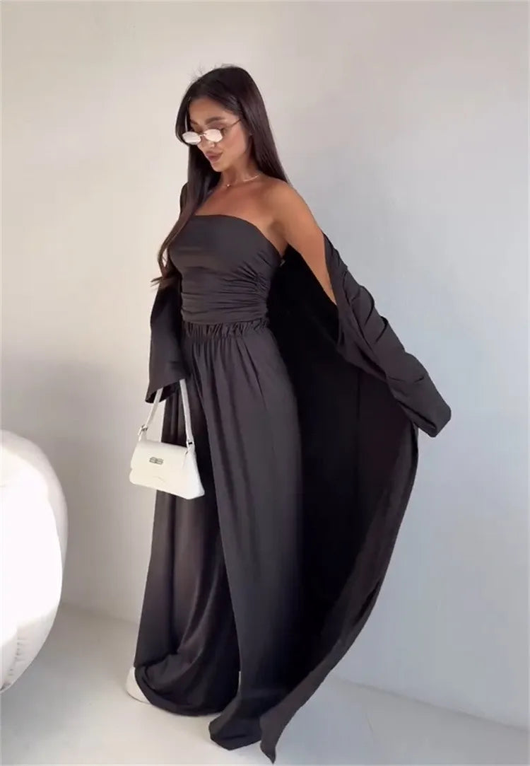 2 Piece Set Women's Summer Suit Black Crop Top Beige Wide Leg Pants Maxi Length White Long Pants Ruched Waist Solid Color