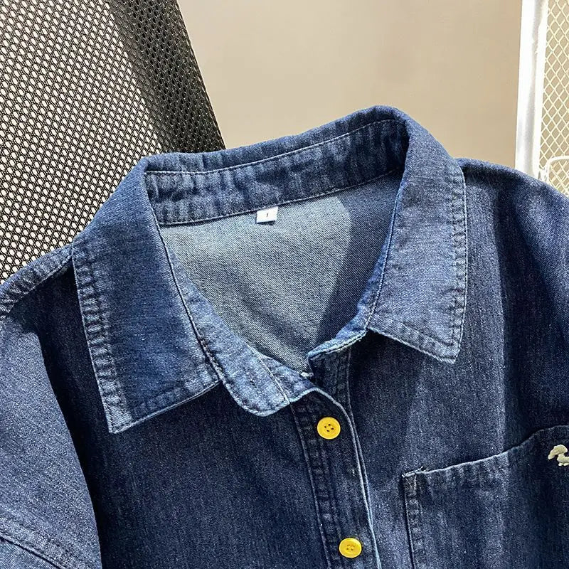 Denim Pant Set Women Two Piece Sets Turn Down Collar Shirt Tops Short Pants Lace Up Elastic Waist Y2k Streetwear Elegant Casual
