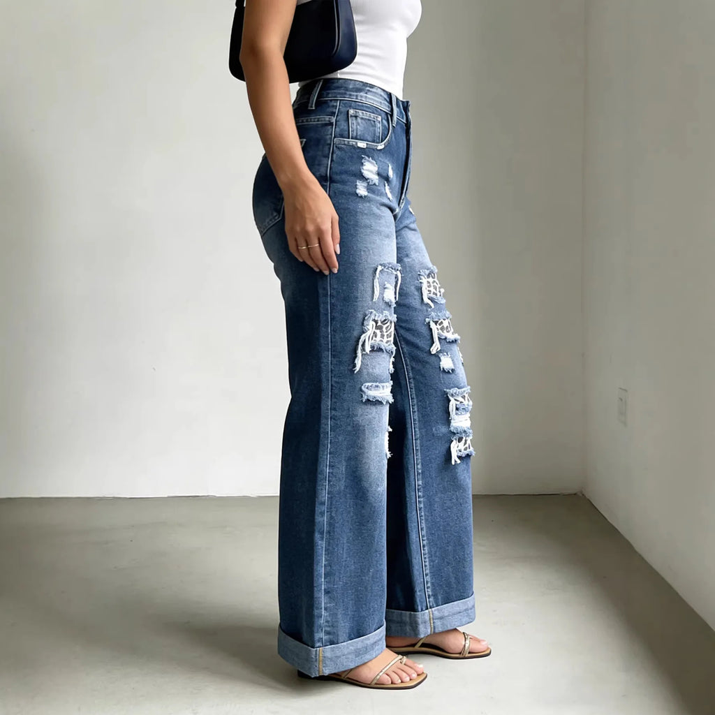 Women Jeans Denim Pant Wide Leg Long Pants Vintage Hole Casual Loose High Waist Straight Trousers Y2k Streetwear Elegant 2026