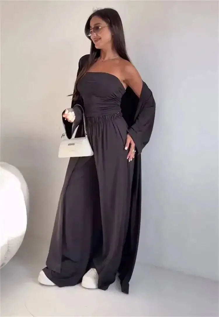Summer Women's Clothing Casual 3Pcs Strapless Vest Long Cardigan Wide-Leg Pants Suit Lady Elegant Office Wear Outfits for Female