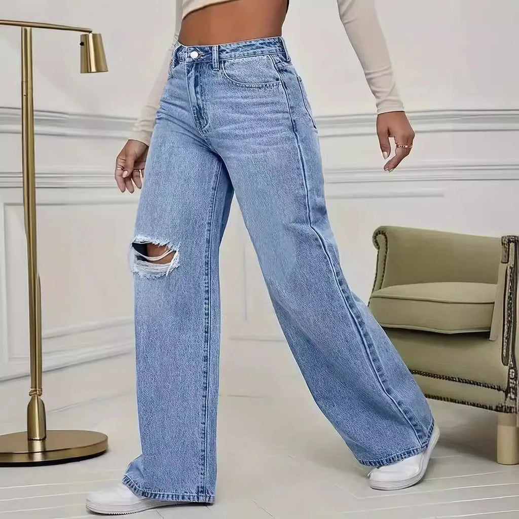 Washed Personality Hole Loose High Waist Denim Wide-leg Pants,Women's Four Seasons New Classic Fashion Casual Floor-length Jeans
