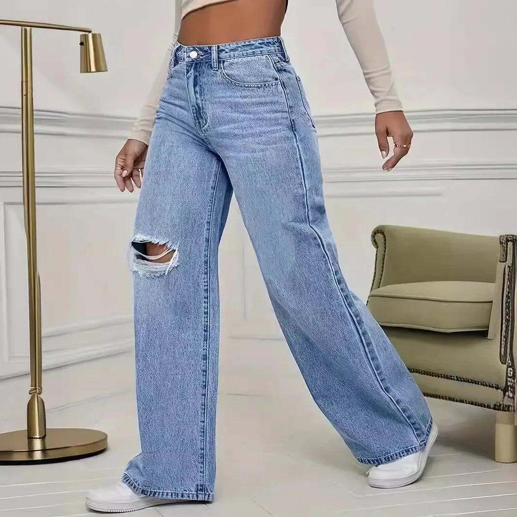 Washed Personality Hole Loose High Waist Denim Wide-leg Pants,Women's Four Seasons New Classic Fashion Casual Floor-length Jeans