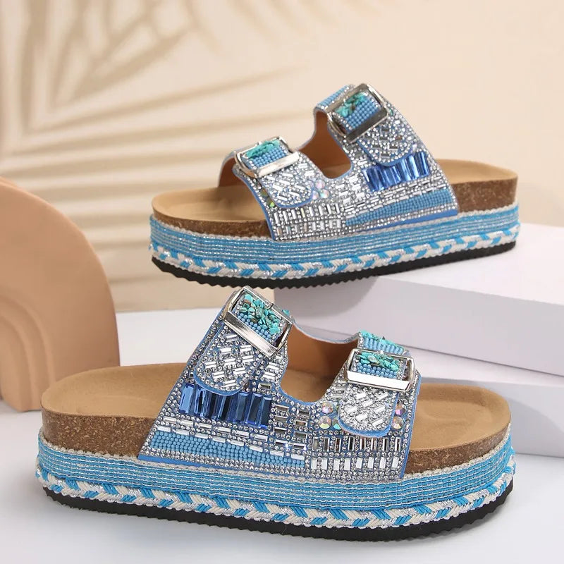 Metal Buckle Soft Sole Flip-flops Women's Outer Summer New Fashion and Versatile Rhinestone Wedge Non-slip Cool Slippers
