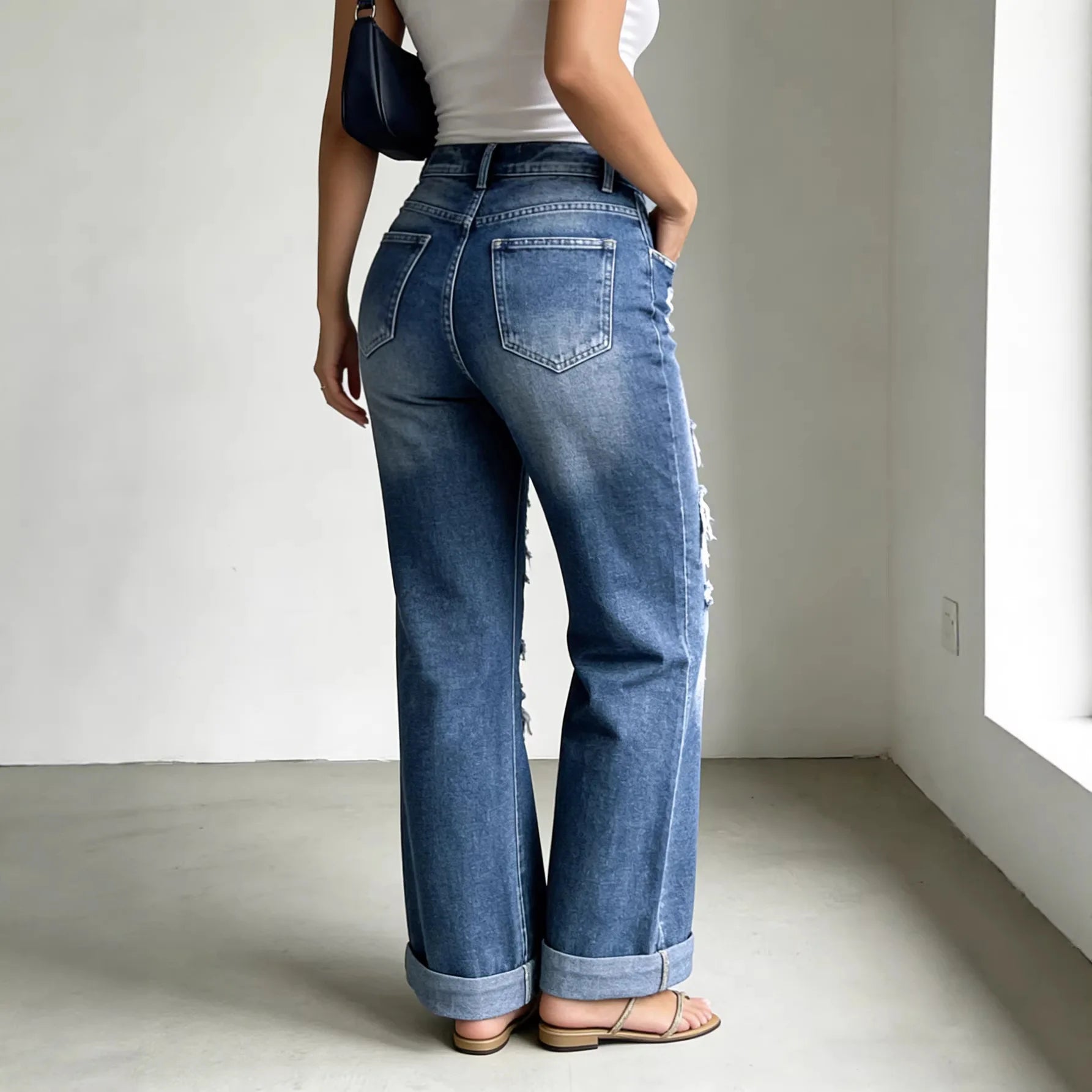 Women Jeans Denim Pant Wide Leg Long Pants Vintage Hole Casual Loose High Waist Straight Trousers Y2k Streetwear Elegant 2026