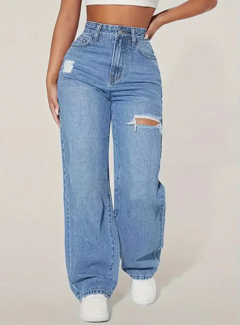 Washed Ripped Jeans, Women Four Seasons New Fashion Personality To Do Old Denim High Waist Straight Comfortable Wide Leg Pants