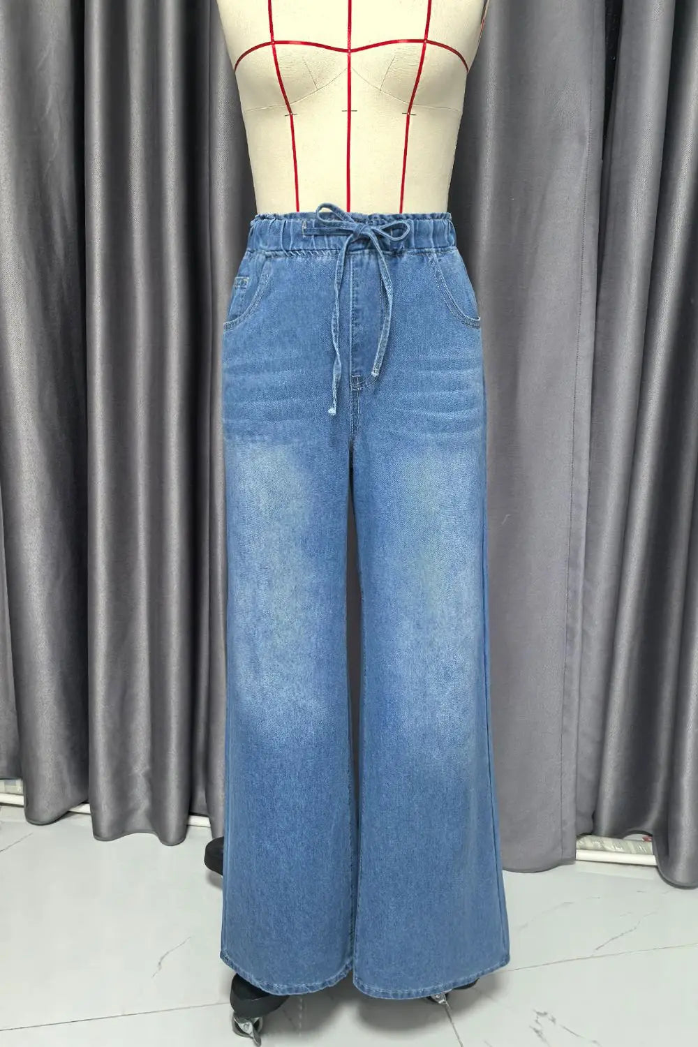 Retro Heavyweight Light Blue Denim High Waist Loose Straight Elastic Waist Wide Leg Pants Women Summer Design Sense Jeans