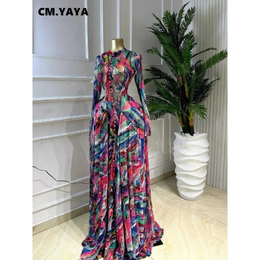 CM.YAYA Women O-neck Long Sleeve Big Swing Tie Dye Print Long Dress 2026 Sexy Parties Evening Vacation Maxi Dresses Vestidos