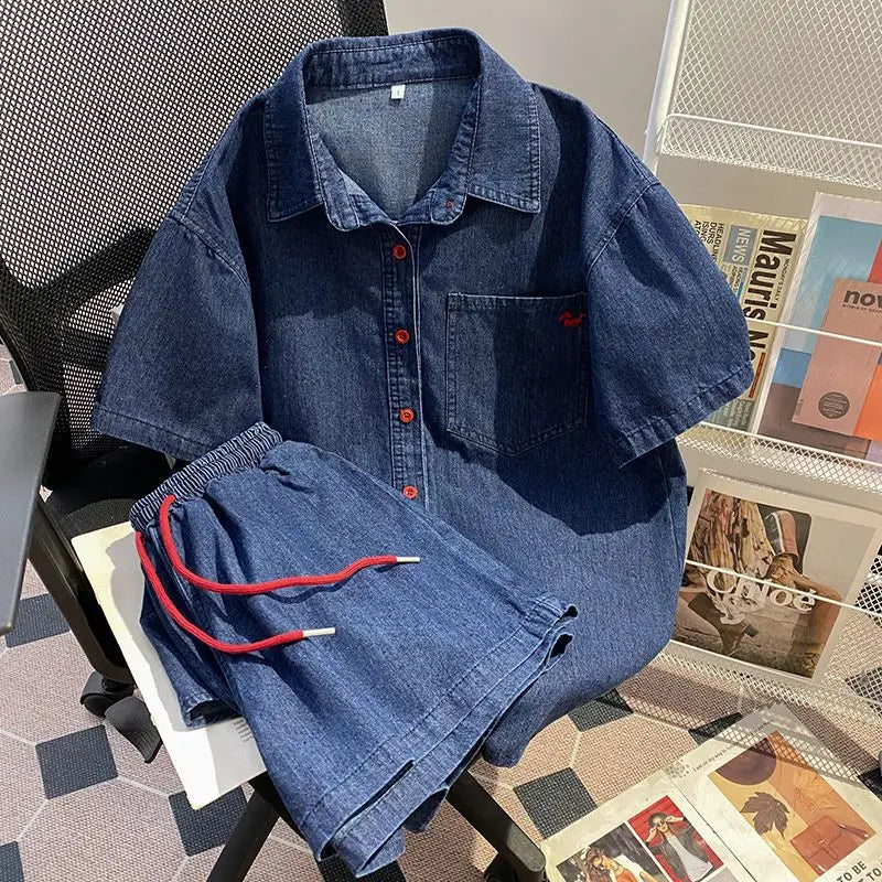 Denim Pant Set Women Two Piece Sets Turn Down Collar Shirt Tops Short Pants Lace Up Elastic Waist Y2k Streetwear Elegant Casual