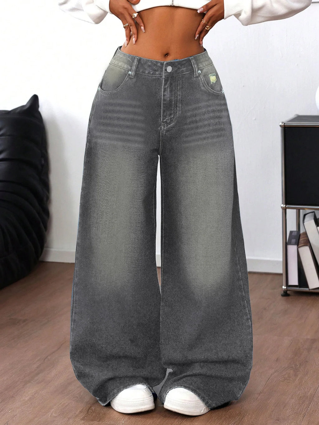 Grey Washed Loose Women's Long Floor-Length Wide Leg Jeans Casual Straight Cut Trousers Comfortable Cotton Denim Jeans