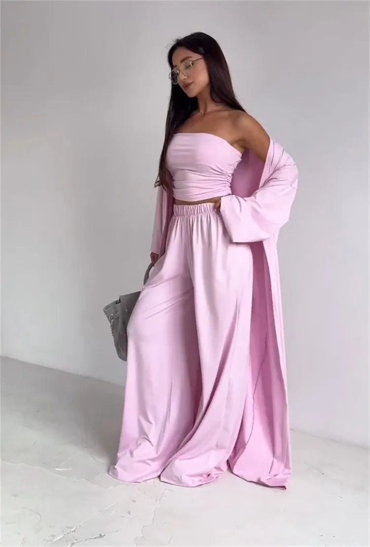 2 Piece Set Women's Summer Suit Black Crop Top Beige Wide Leg Pants Maxi Length White Long Pants Ruched Waist Solid Color