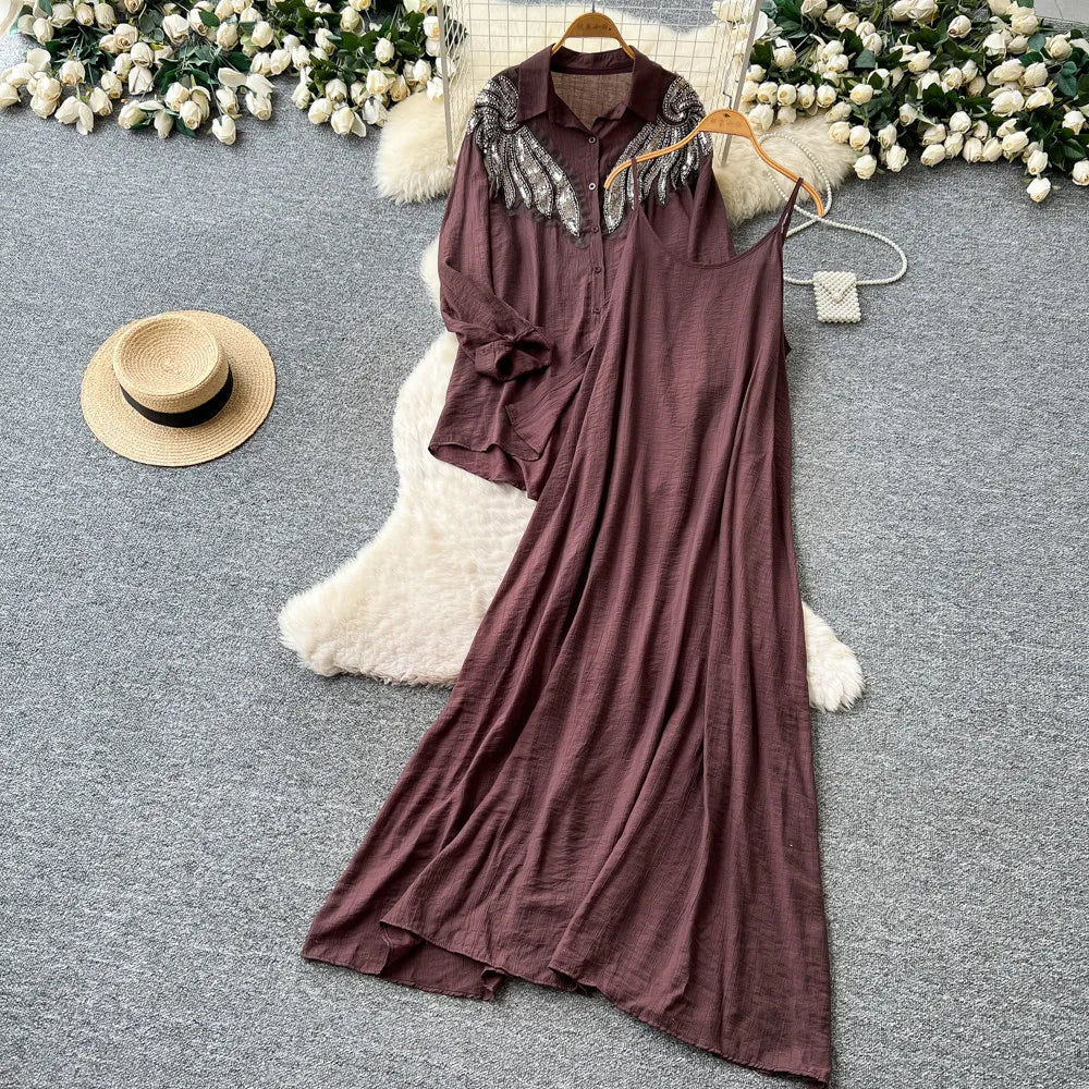 Women Two Piece Sets Dress Set Full Sleeve Shirt Casual Loose Long Dresses Sling A Line Y2k Streetwear Elegant Work Summer 2026