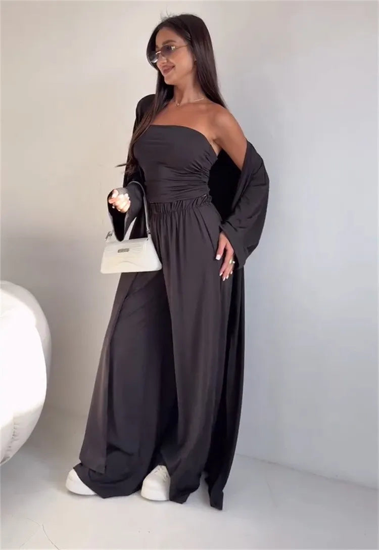 2 Piece Set Women's Summer Suit Black Crop Top Beige Wide Leg Pants Maxi Length White Long Pants Ruched Waist Solid Color