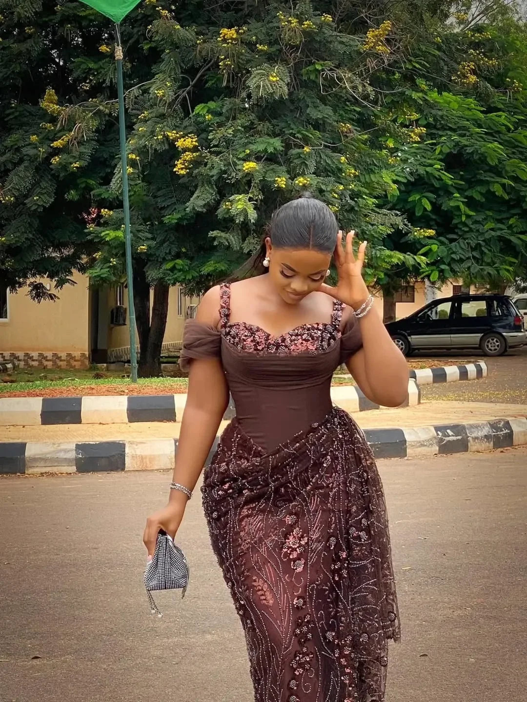 Fabulous Brown Lace Evening Dresses African Traditional Wedding Bride Dress Luxury Beads Lace Birthday Dress Asoebi Evening Gown