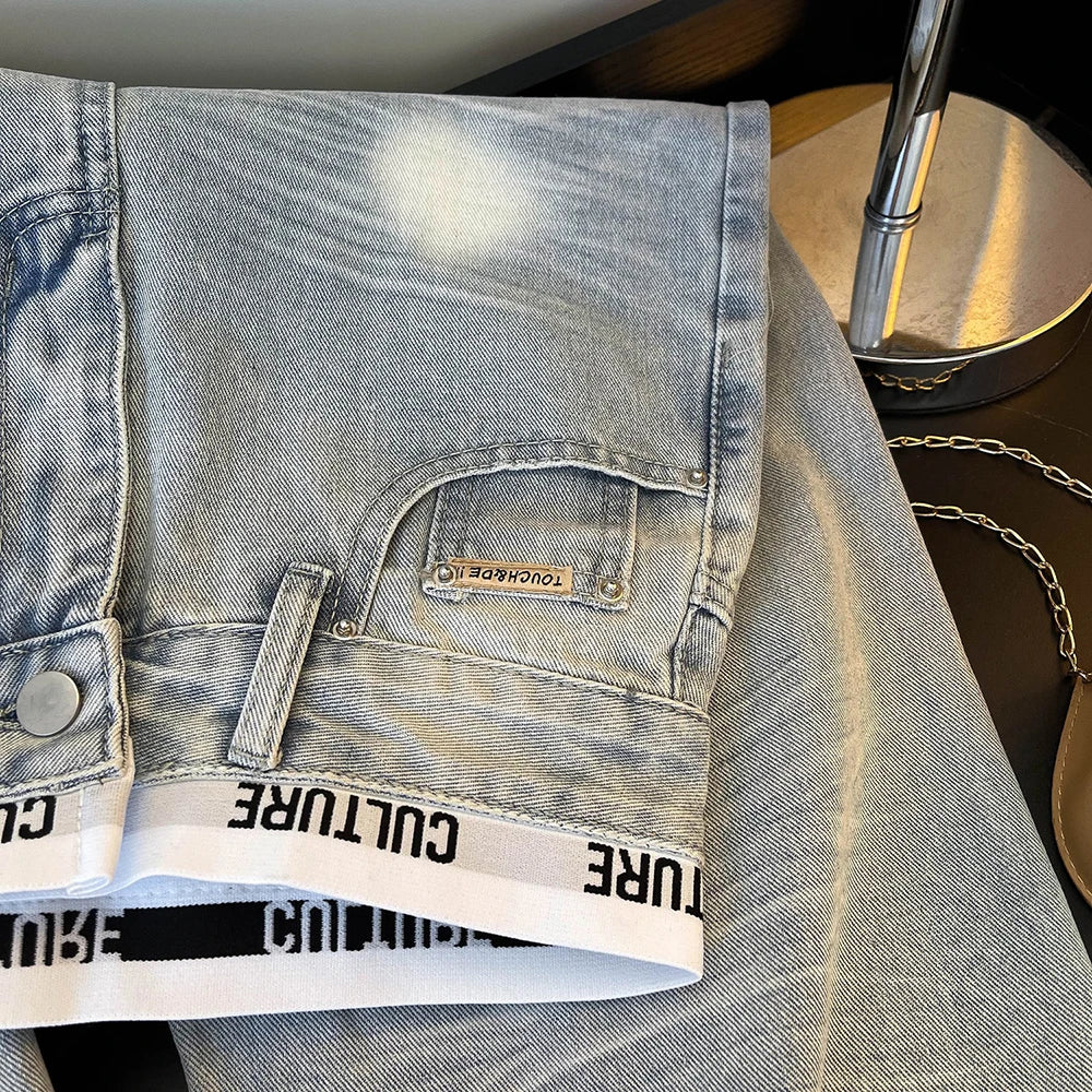 American Vintage Ripped Patchwork Jeans for Women Light Blue High Waist Straight Loose Denim Pants Spring Fall Wide Leg Trousers