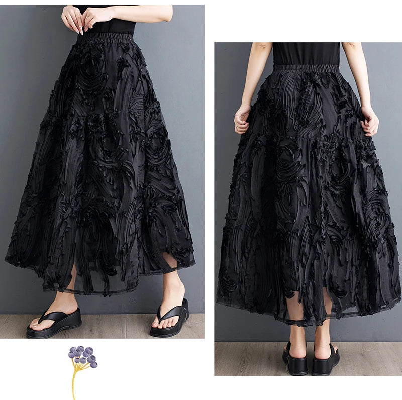 Black Skirt for Women Summer Fashin Heavyweight Chic Design Pleated A-line Easy Match Elastic Waist Dress Female Creative Skirt
