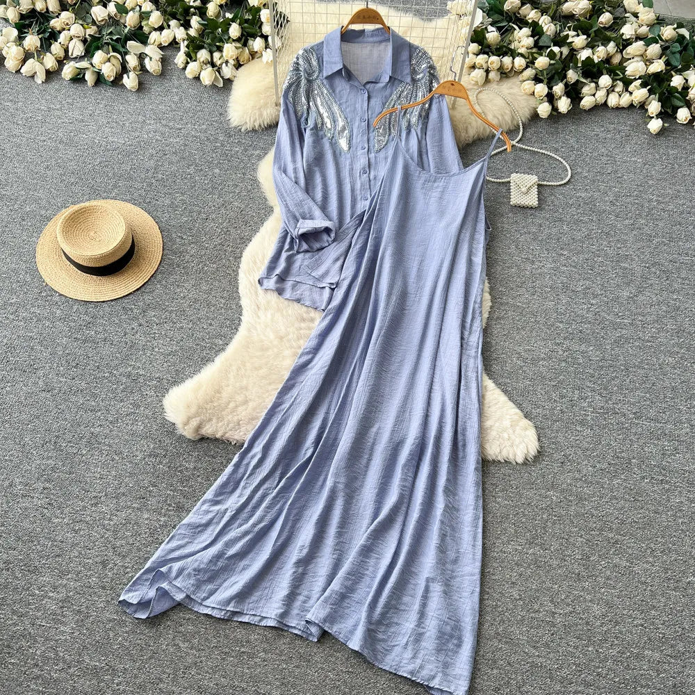 Women Two Piece Sets Dress Set Full Sleeve Shirt Casual Loose Long Dresses Sling A Line Y2k Streetwear Elegant Work Summer 2026