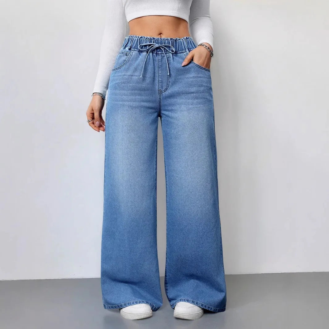 Retro Heavyweight Light Blue Denim High Waist Loose Straight Elastic Waist Wide Leg Pants Women Summer Design Sense Jeans