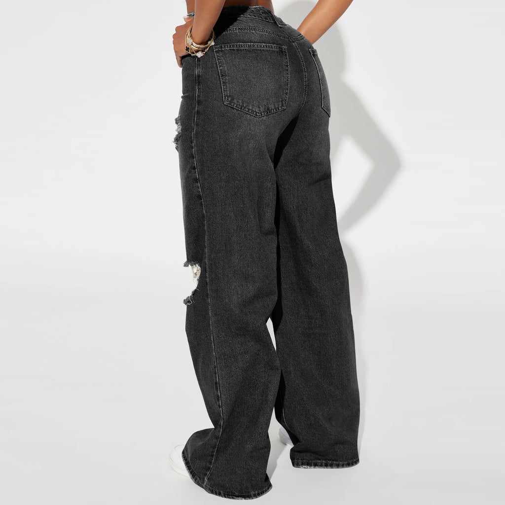 The New Fashion High-waisted Wide-leg Jeans for Autumn and Winter.Personality Washed Holes Loose Casual Floor-length Jeans Women