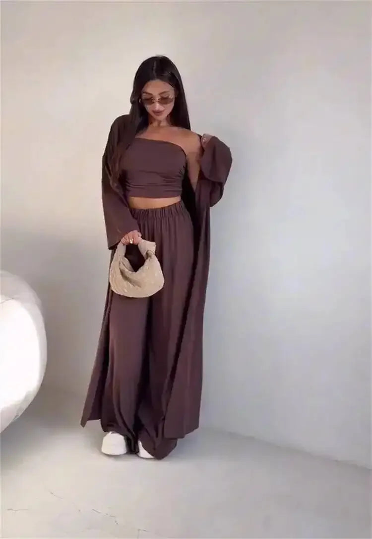 Summer Women's Clothing Casual 3Pcs Strapless Vest Long Cardigan Wide-Leg Pants Suit Lady Elegant Office Wear Outfits for Female