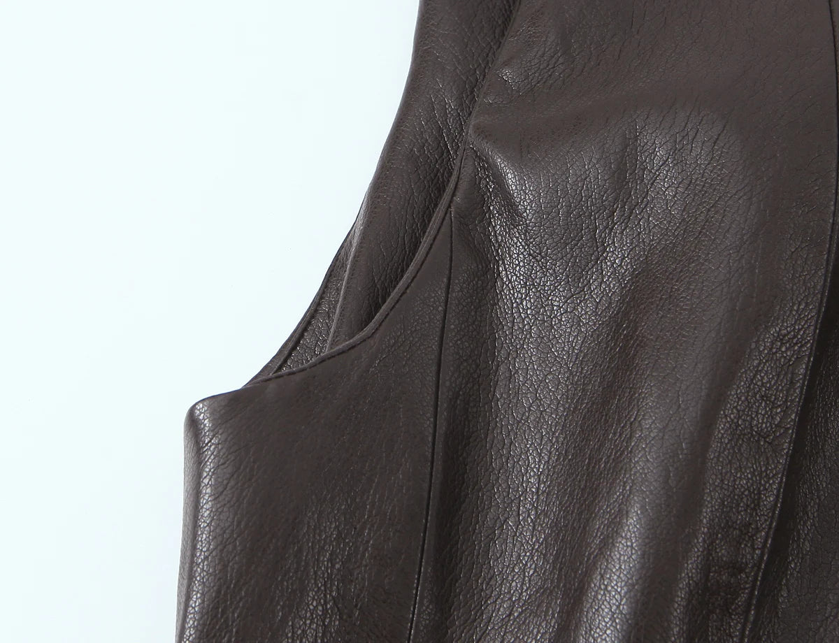 HH Women Elegant Fashion Faux Leather Vest Skirts Suits O Neck Belt Tops Slit Midi Skirt Casual Office Lady Chic 2 Piece Set