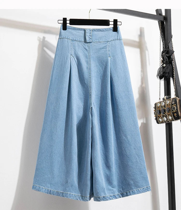High Waist Calf-length Casual Jeans Women New 2024 Spring Simple Style Solid Color Loose Female Denim Wide Leg Pants B3322