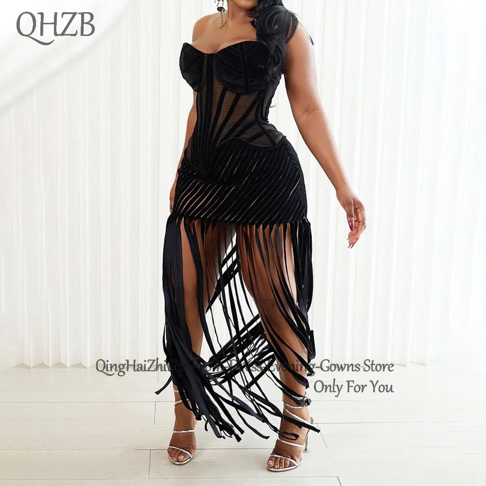 Customized Elegant Black Tassel Woman Cocktail Dresses for Special Events Long Sweetheart Prom Party Birthday Dress Summer 2025