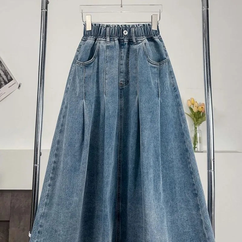 New Denim Long Skirt High Waist Loose Solid Leisure A- Line Umbrella Skirt Spring Autumn Fashion Women's Half Body Skirt