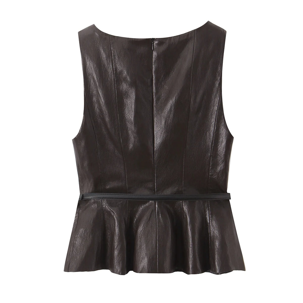 HH Women Elegant Fashion Faux Leather Vest Skirts Suits O Neck Belt Tops Slit Midi Skirt Casual Office Lady Chic 2 Piece Set